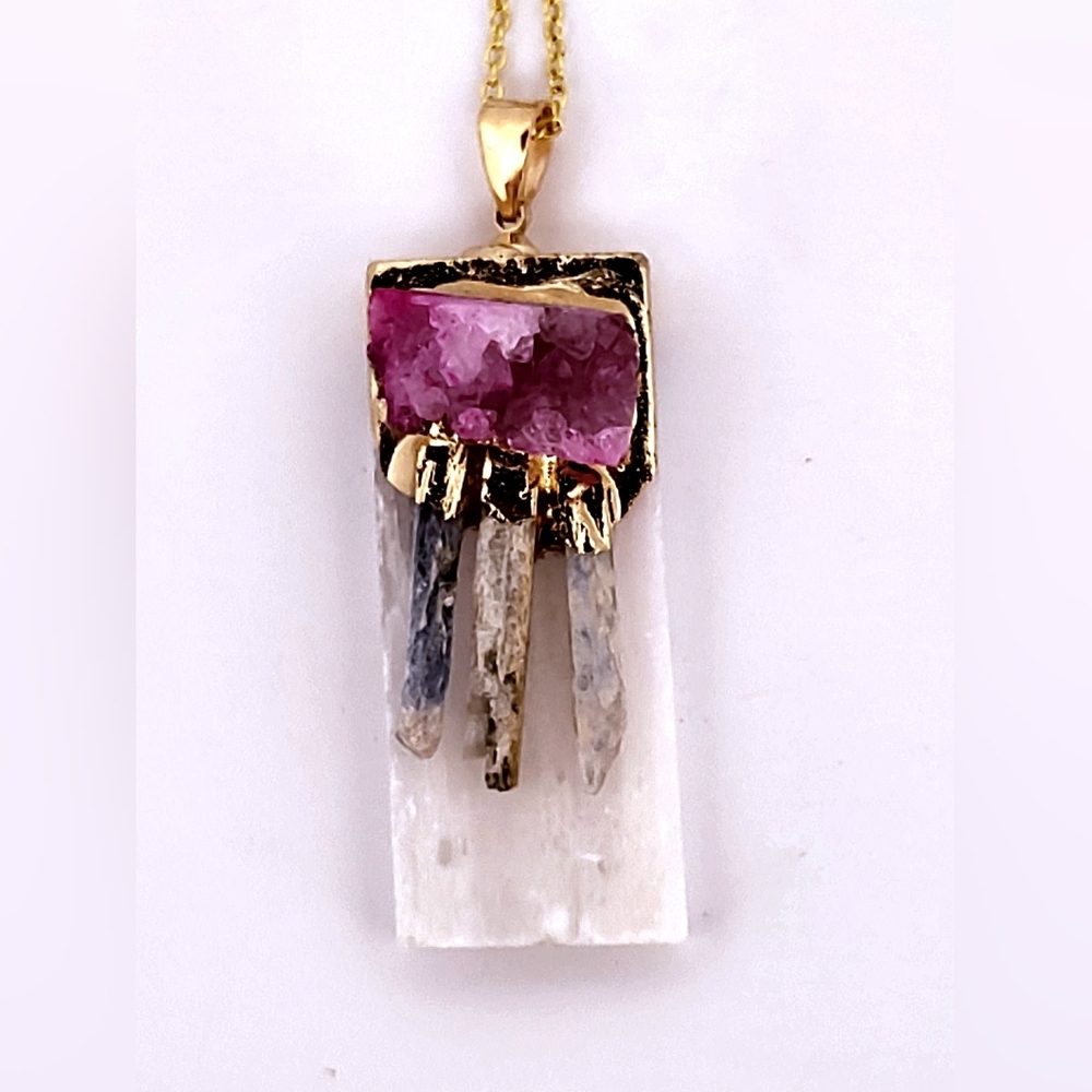 Natural Kyanite, Selenite & Pink Geode Crystal Gold Necklace Nkspgcgn3